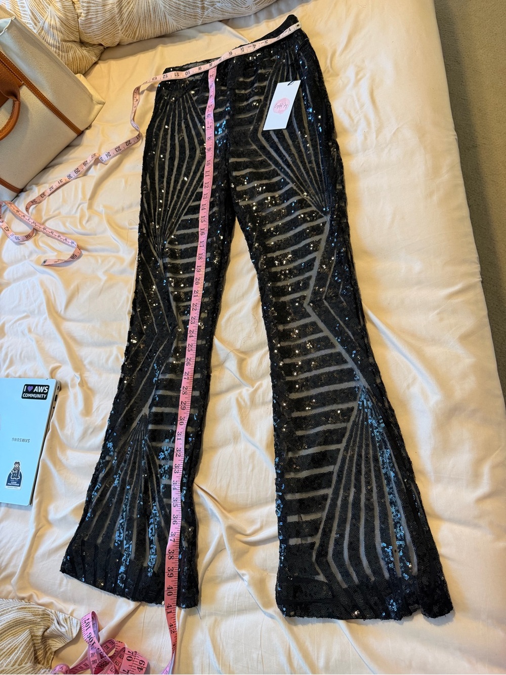 Black Sequin Striped Bootcut Flare Pants